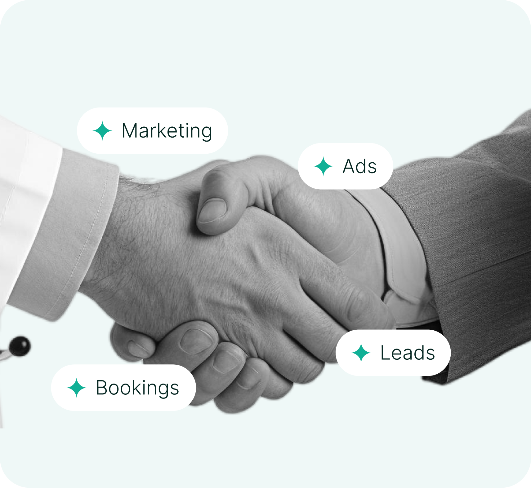 Marketing partnership — handshake with chips: Marketing, Ads, Leads, Bookings